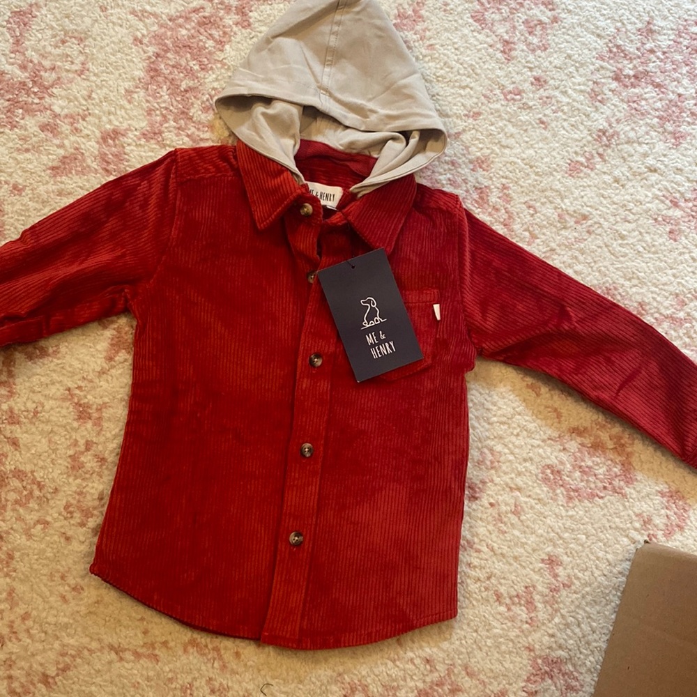 Red corduroy button down with hood